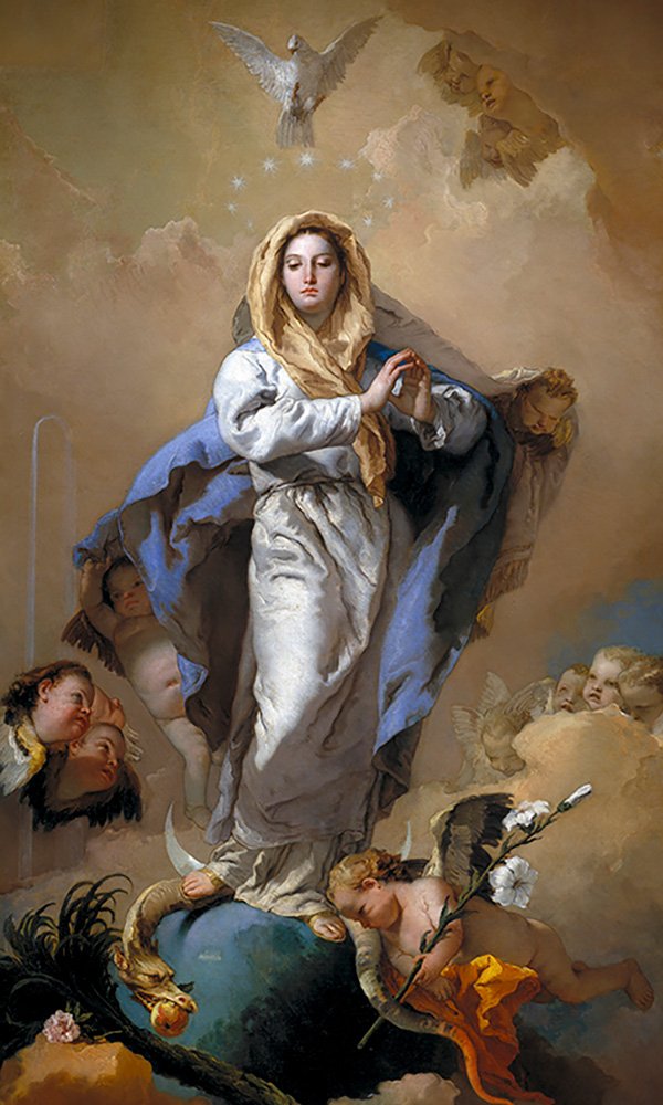 Immaculate Conception of Mary 600x1000 Mary with Jesus in her arms surrounded by angels