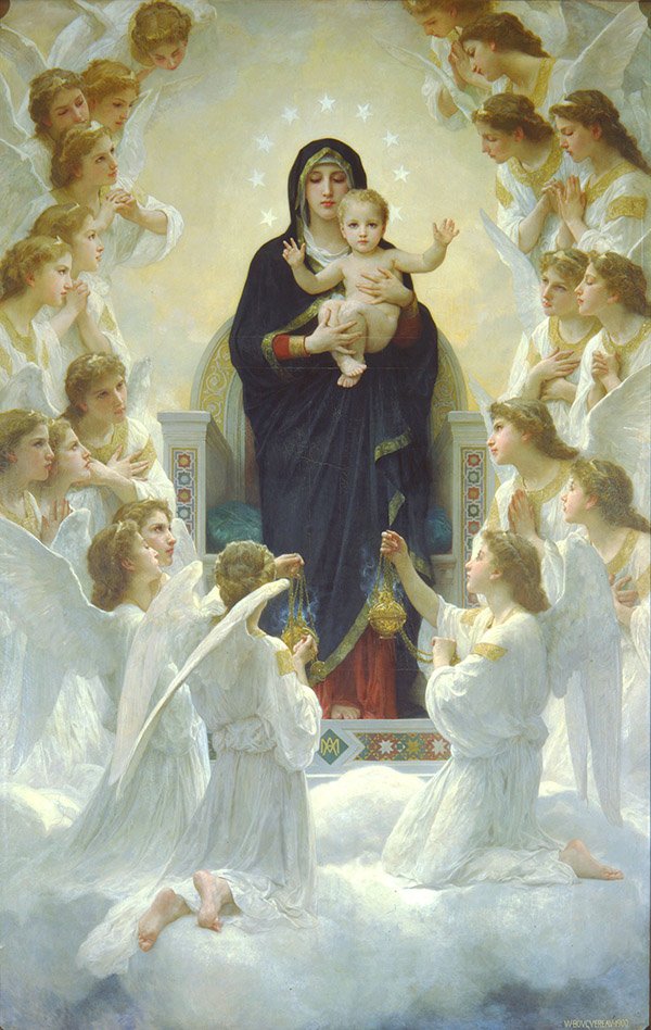 Painting of Mary, the Mother of God, enthroned with the Christ Child, surrounded by angels offering incense and adoration.