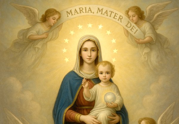 Image of MAry holding Jesus with angels holding banner
