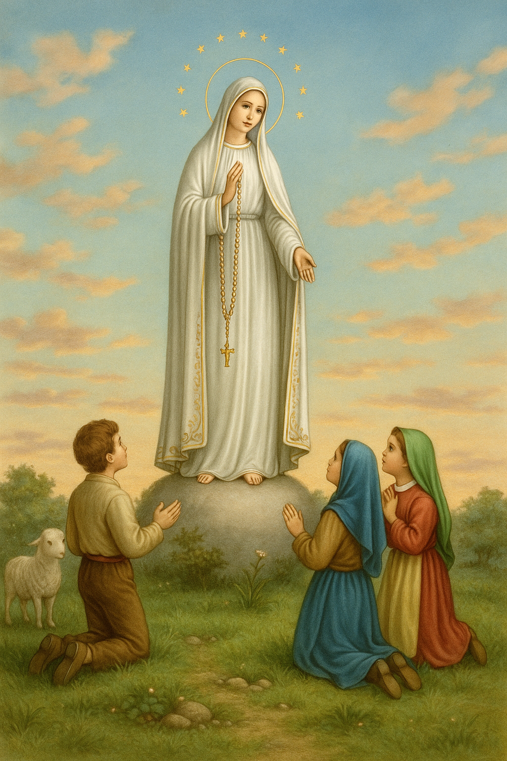 Image of the VIrgin MAry in white with three children