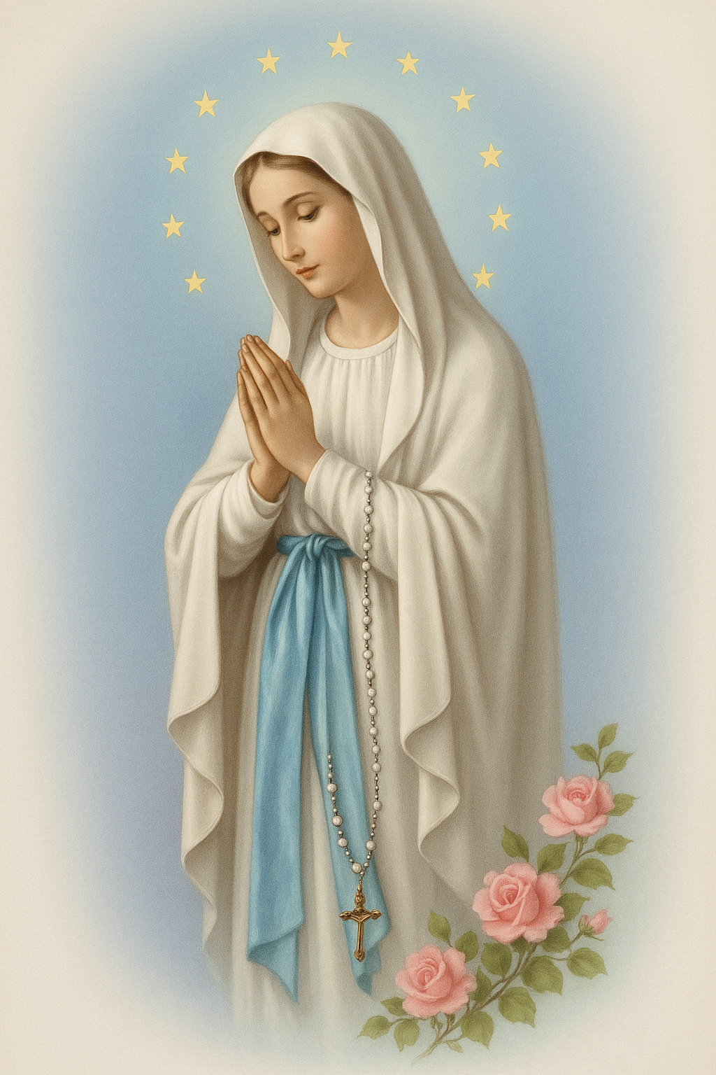 AI Illustration of Virgin Mary in White with Light Blue Sach
